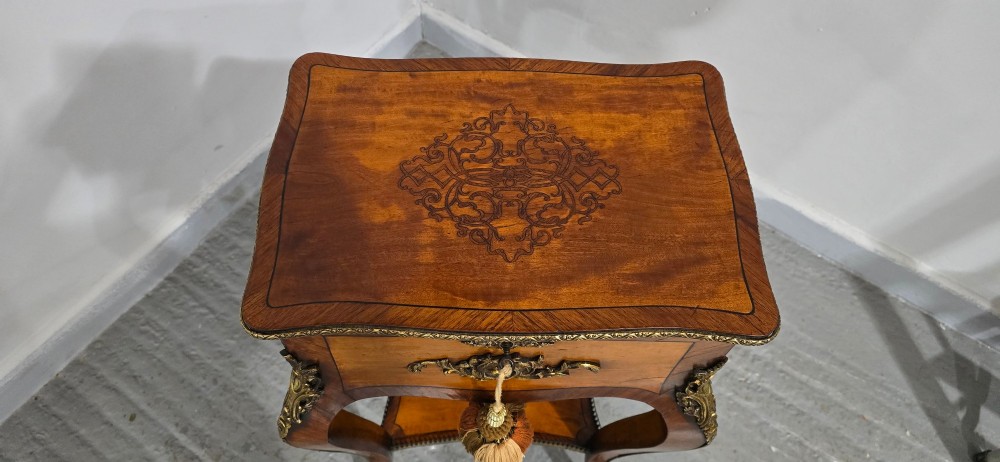 A French Louis XV revival style freestanding jewellery table crafted from walnut veneer with gilt-bronze ormolu mounts and cabriole legs. View VI
