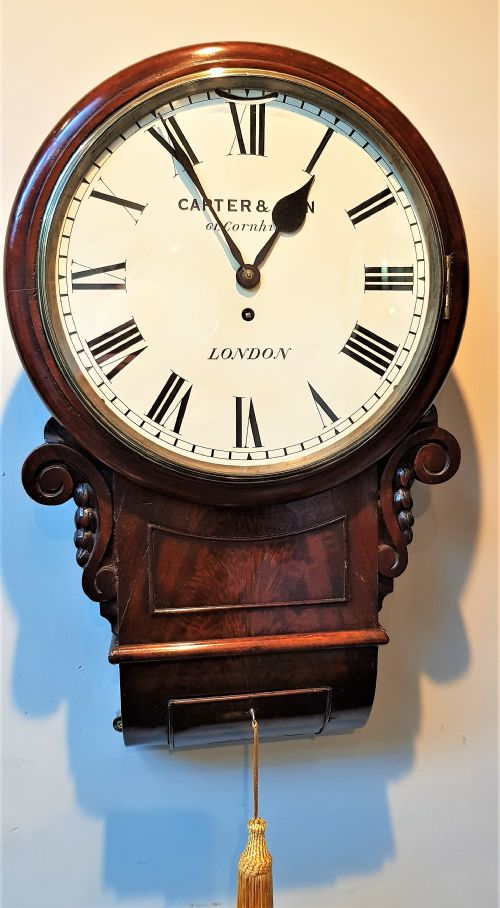 19th cent drop dial mahogany fusee wall clock - CATEGORY: ANTIQUE CLOCKS - DATED 19TH CENTURY