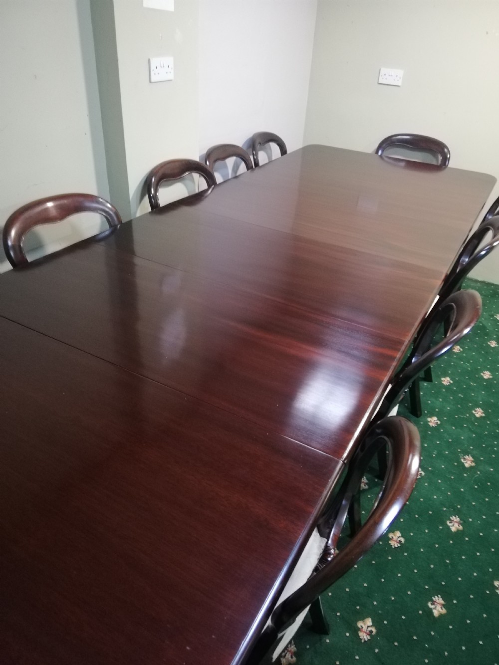 A long dark mahogany extending dining table surrounded by matching balloon back chairs with light fabric upholstered seats. View VIII