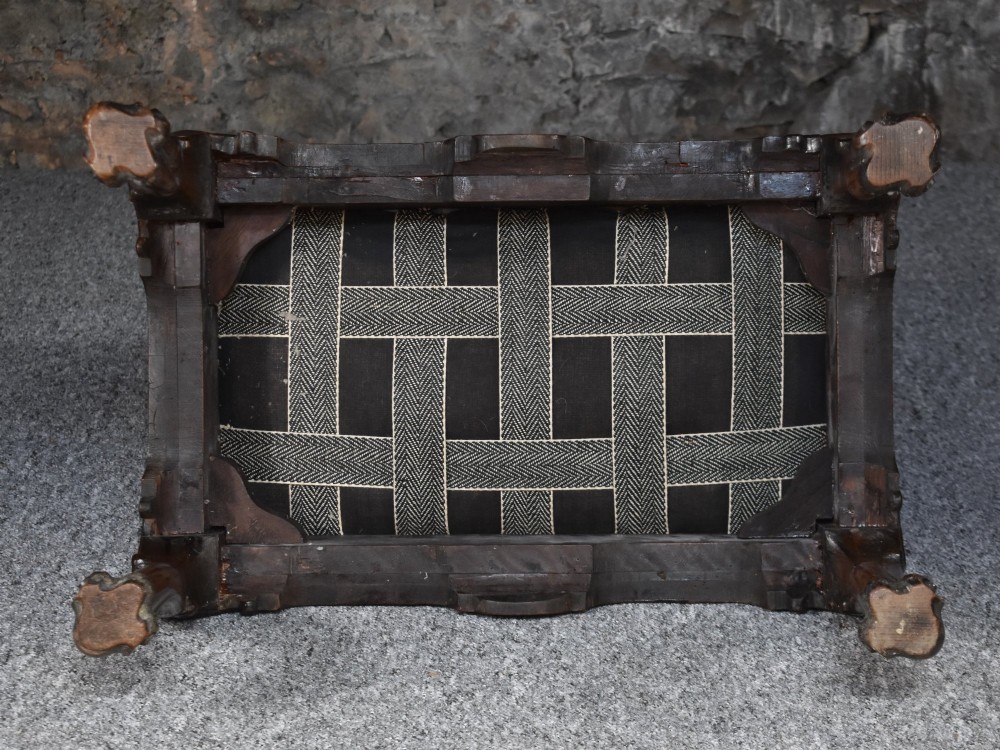 A rectangular George I style walnut stool featuring carved cabriole legs with shell motifs and a sage green velvet seat. View VI