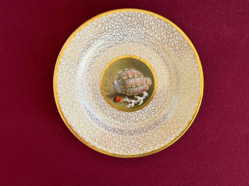 fig 1. A pair of circular Regency porcelain cabinet plates featuring hand-painted seashell central motifs surrounded by gilded vermicelli pattern borders.