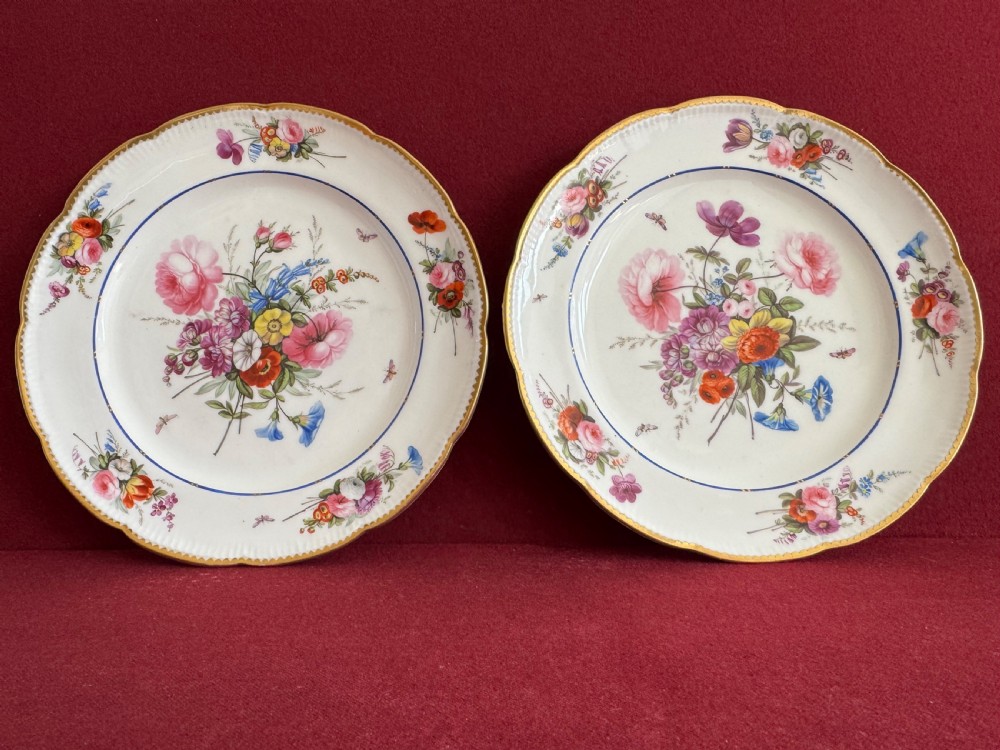 A pair of circular Regency soft-paste porcelain plates decorated with hand-painted floral bouquets, insects, and gilded scalloped borders.