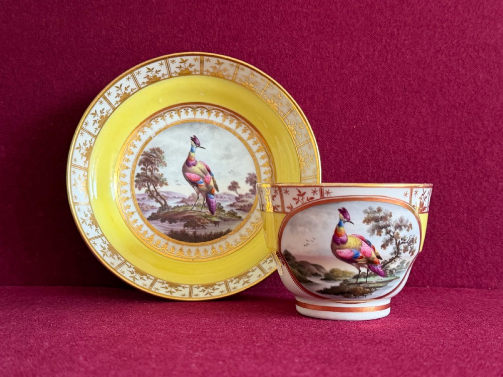 An early nineteenth-century Chamberlain Worcester teacup and saucer featuring a yellow ground, gilded rim details, and central circular reserves depicting hand-painted exotic birds in landscape settings.