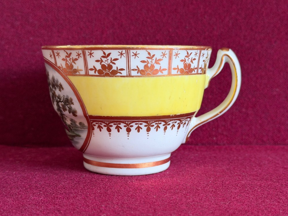 An early nineteenth-century Chamberlain Worcester teacup and saucer featuring a yellow ground, gilded rim details, and central circular reserves depicting hand-painted exotic birds in landscape settings. View II