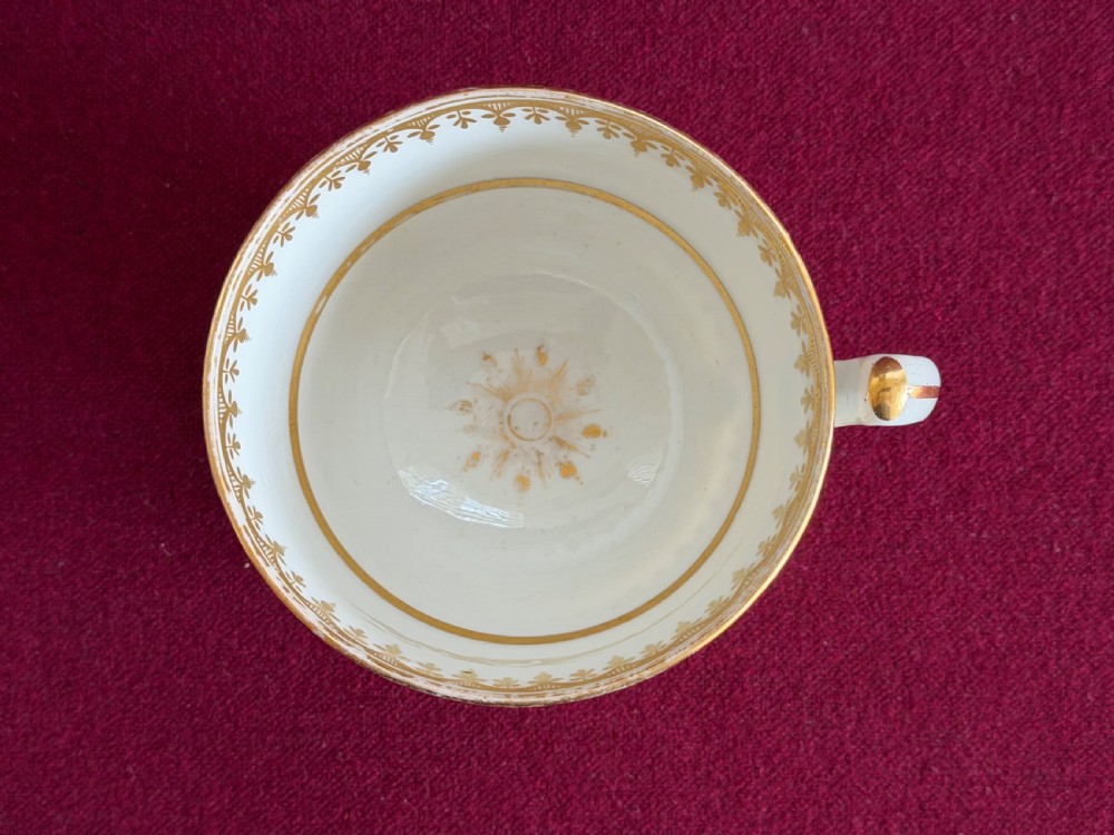 An early nineteenth-century Chamberlain Worcester teacup and saucer featuring a yellow ground, gilded rim details, and central circular reserves depicting hand-painted exotic birds in landscape settings. View IV
