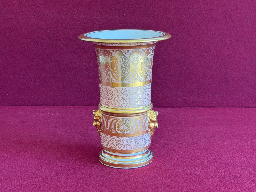 A Regency Barr, Flight and Barr Worcester porcelain spill vase featuring a hand-painted landscape panel of Ballyhooly Castle, gold lion-mask side handles, and gilt classical ornamentation. View IV
