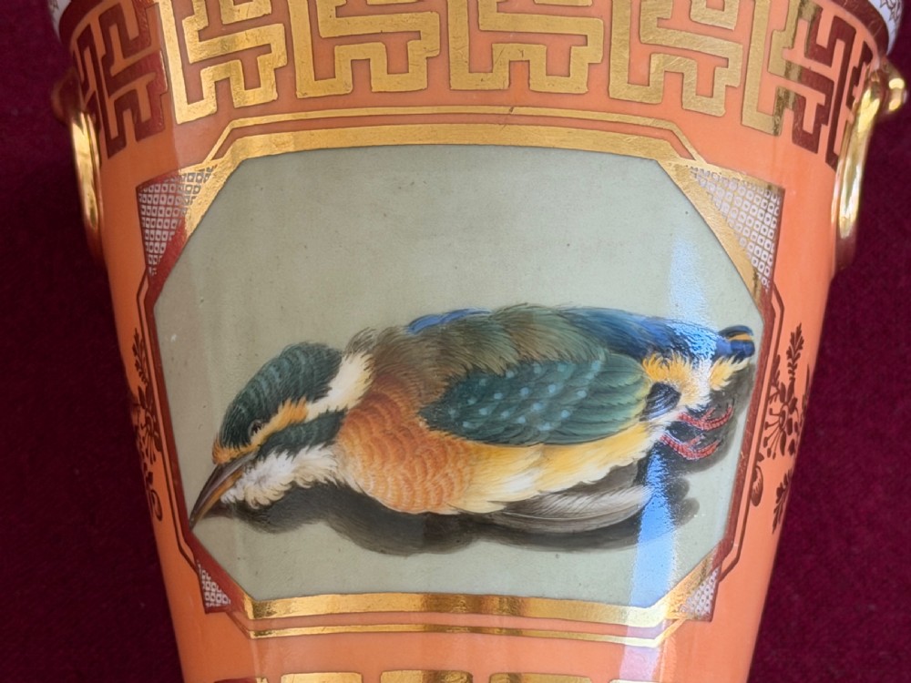 A flared Regency Worcester porcelain jardiniere featuring a salmon ground, gilded Greek key fretwork, and a central hand-painted panel depicting a bird. View V