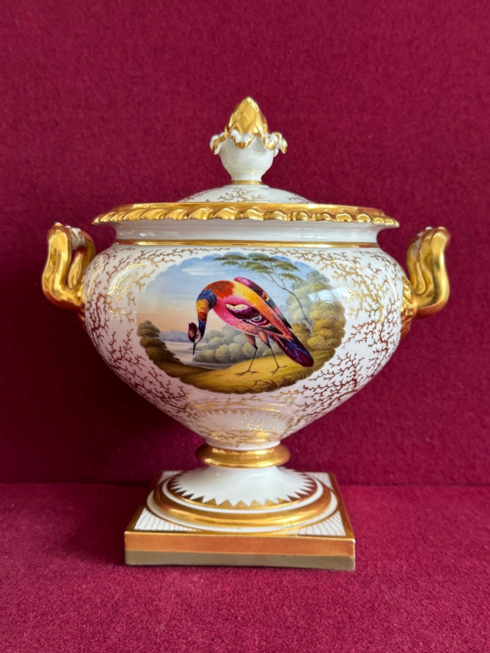 A pair of Regency Flight, Barr & Barr Worcester porcelain cream tureens featuring hand-painted exotic bird panels, elaborate gilding, twin scroll handles, and square plinth bases. View IV