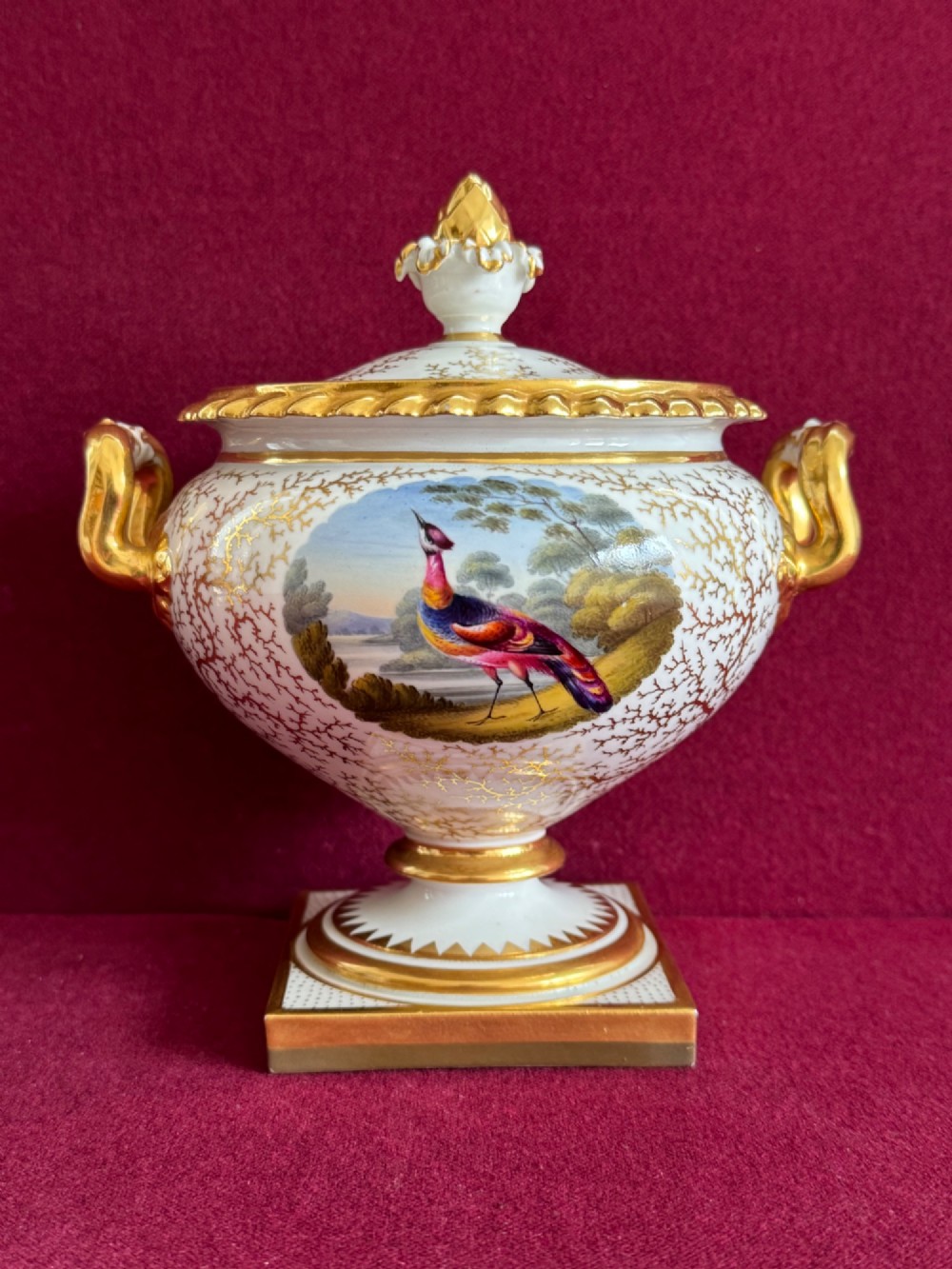 A pair of Regency Flight, Barr & Barr Worcester porcelain cream tureens featuring hand-painted exotic bird panels, elaborate gilding, twin scroll handles, and square plinth bases. View VI