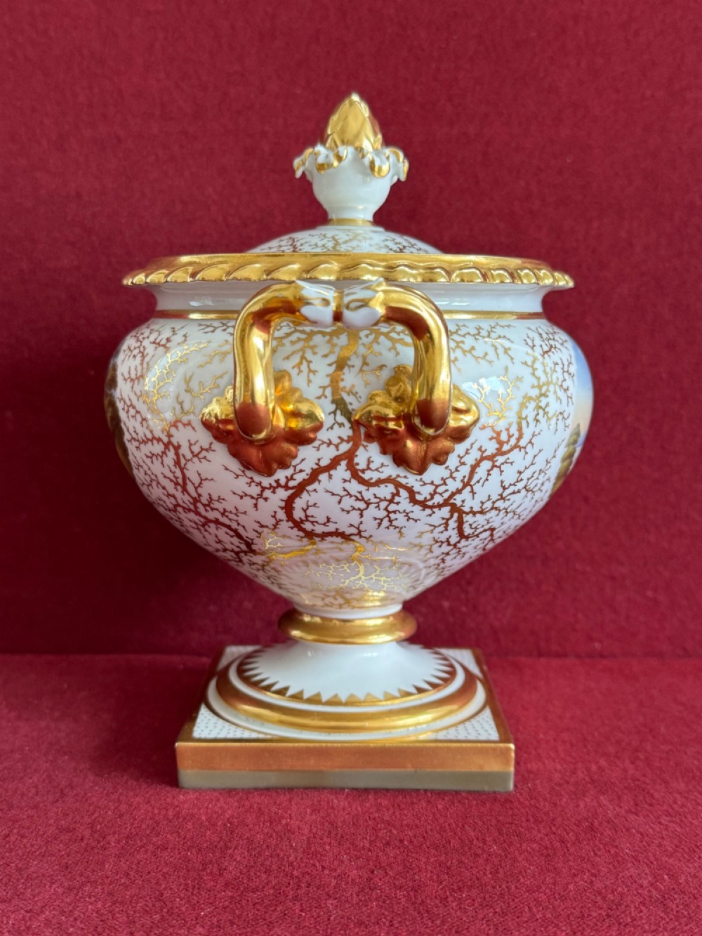 A pair of Regency Flight, Barr & Barr Worcester porcelain cream tureens featuring hand-painted exotic bird panels, elaborate gilding, twin scroll handles, and square plinth bases. View VII