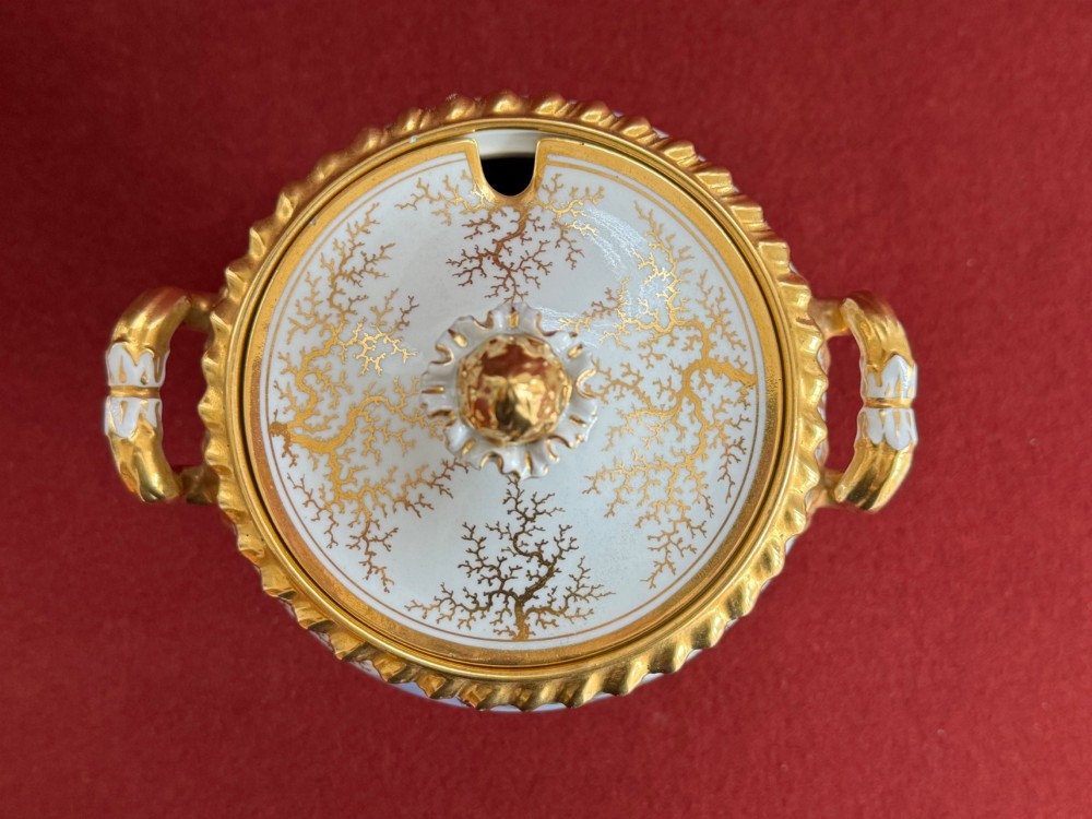 A pair of Regency Flight, Barr & Barr Worcester porcelain cream tureens featuring hand-painted exotic bird panels, elaborate gilding, twin scroll handles, and square plinth bases. View VIII