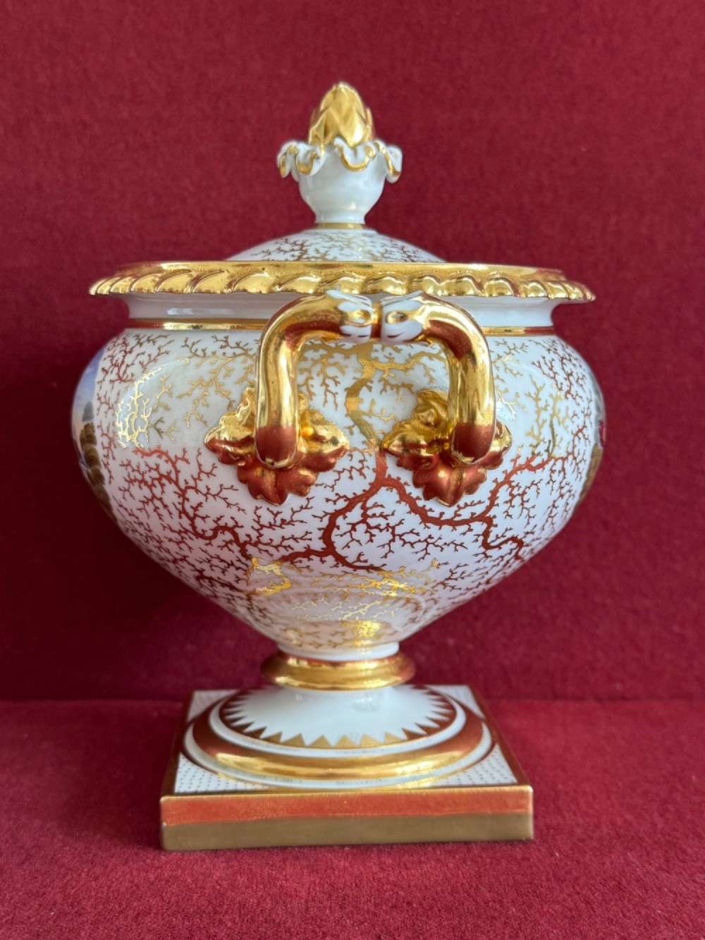 A pair of Regency Flight, Barr & Barr Worcester porcelain cream tureens featuring hand-painted exotic bird panels, elaborate gilding, twin scroll handles, and square plinth bases. View XI