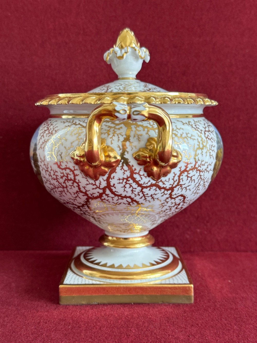 A pair of Regency Flight, Barr & Barr Worcester porcelain cream tureens featuring hand-painted exotic bird panels, elaborate gilding, twin scroll handles, and square plinth bases. View XIII