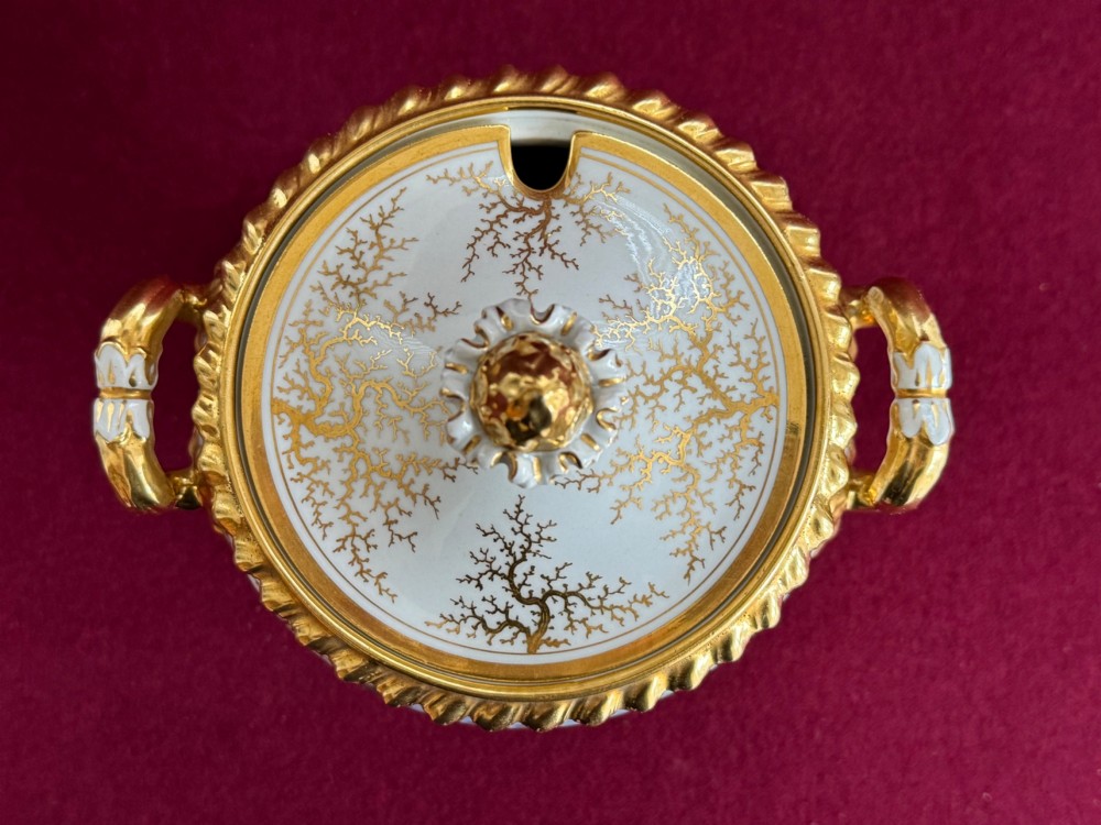 A pair of Regency Flight, Barr & Barr Worcester porcelain cream tureens featuring hand-painted exotic bird panels, elaborate gilding, twin scroll handles, and square plinth bases. View XIV