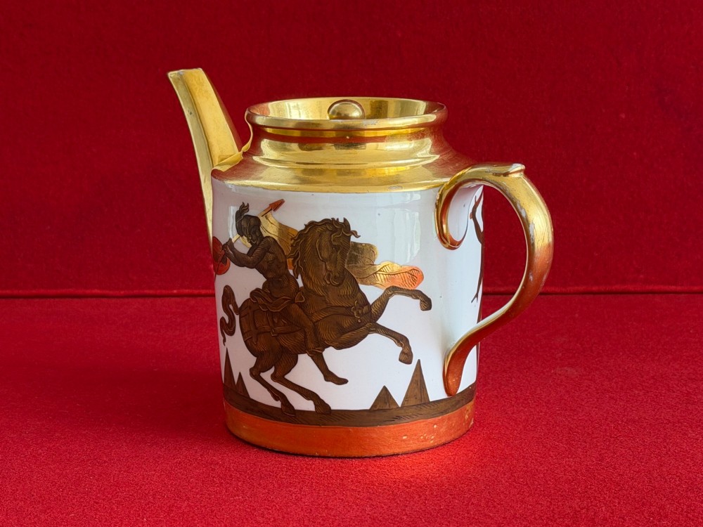 A Regency cylindrical porcelain teapot featuring a gilded spout and collar alongside hand-painted classical figures on a white ground. View III
