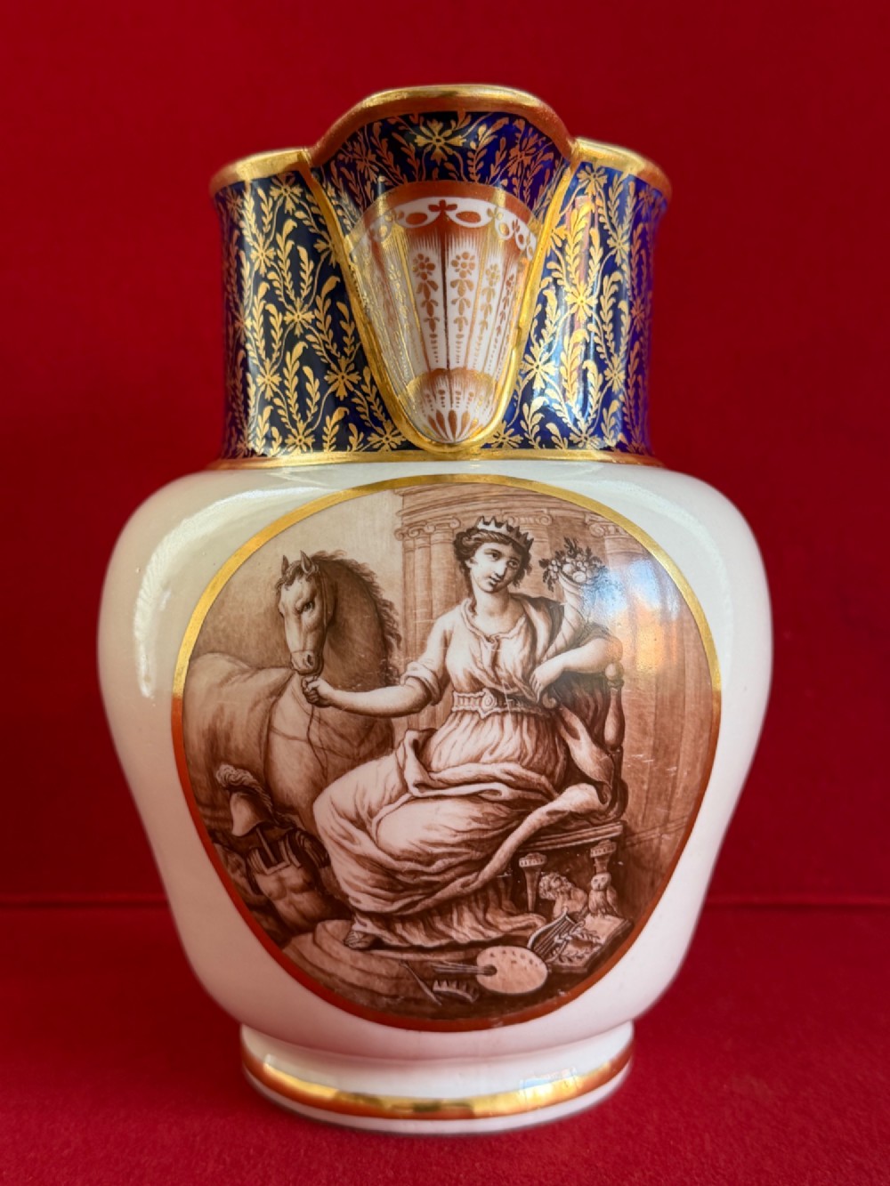 An eighteenth-century Flight and Barr Worcester porcelain jug decorated with a cobalt blue gilded collar and a sepia painted classical panel. View VIII