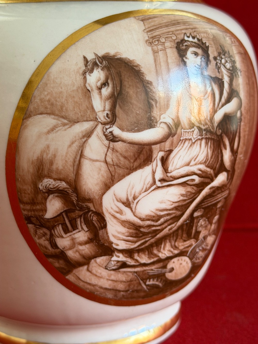 An eighteenth-century Flight and Barr Worcester porcelain jug decorated with a cobalt blue gilded collar and a sepia painted classical panel. View IX