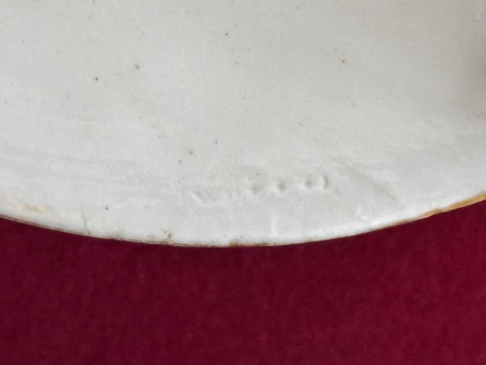 An antique Georgian porcelain bough pot decorated with a hand-painted landscape panel, gilded geometric scroll patterns, arch motifs, and gilt ball feet. View VII