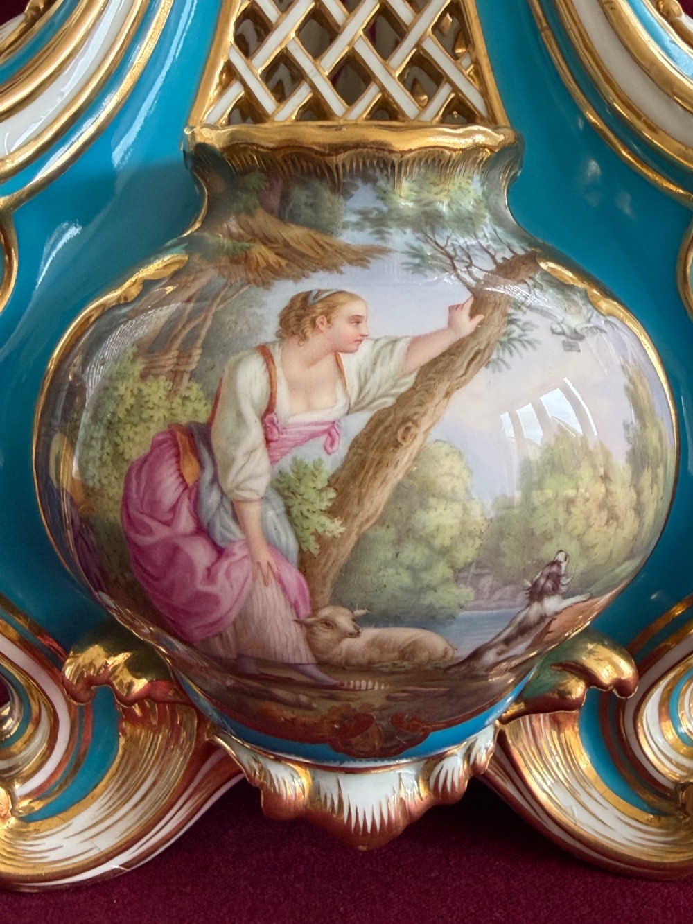 A Victorian Minton porcelain Sevres style vase featuring vibrant turquoise bleu celeste glaze, a reticulated lattice back, gilded Rococo scroll mouldings, and a hand-painted central pastoral scene. View VIII