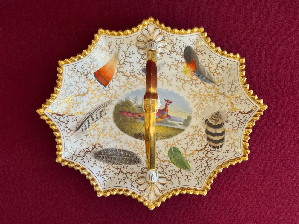 An early 19th-century shaped Regency porcelain basket featuring an overhead gilt handle, a central hand-painted bird vignette, feather studies, and gold seaweed detailing on a white ground.