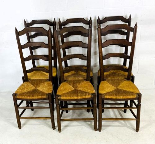 Set of Six Oak Country Farmhouse Ladder Back Chairs