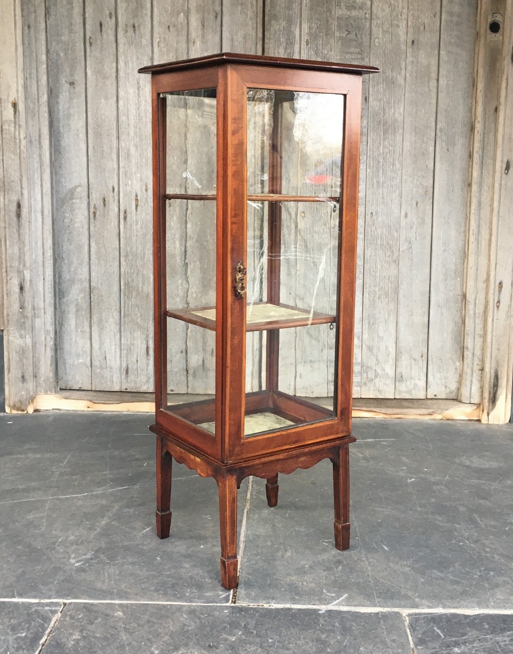 An Edwardian mahogany pedestal display cabinet with glass sides, a single glazed door, two glass shelves, and square tapered legs.
