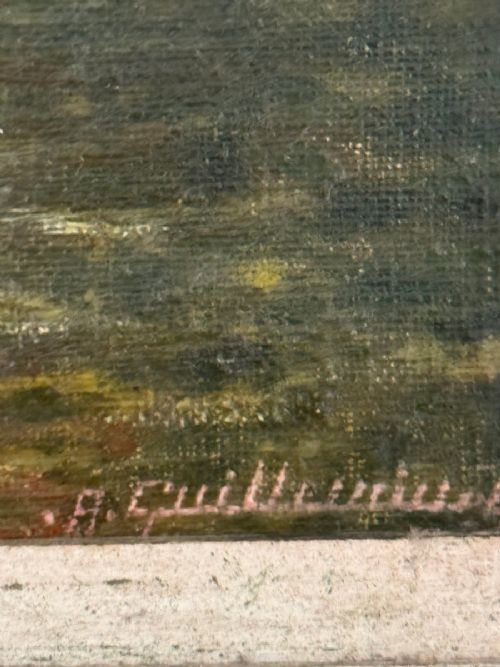 fig 1. An impressionist oil painting depicting a sailboat and small rowboat anchored beside a terracotta building along a river, presented in a carved ornate frame.
