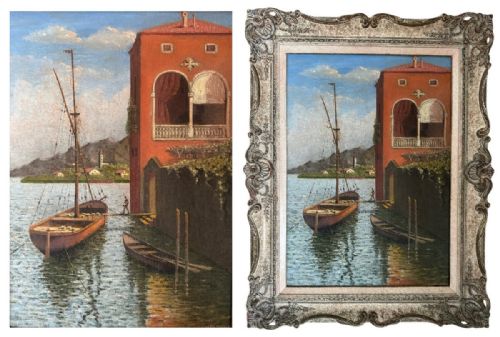 fig 4. An impressionist oil painting depicting a sailboat and small rowboat anchored beside a terracotta building along a river, presented in a carved ornate frame.