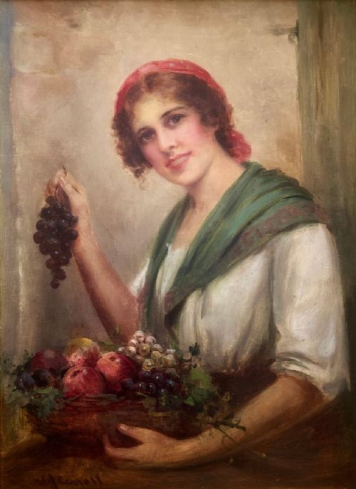 fig 3. An antique oil painting depicting a young woman with a red headscarf holding grapes above a fruit basket, presented in an ornate gold giltwood frame.