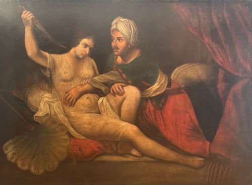fig 2. An antique Italian Baroque oil painting depicting a dramatic narrative scene with two figures, framed in an ornate carved metallic frame.