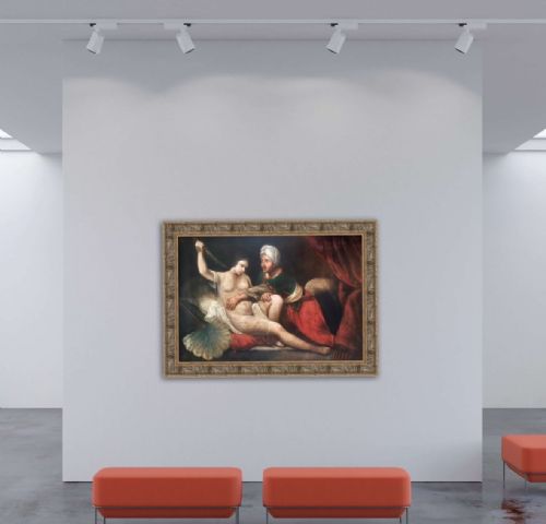fig 3. An antique Italian Baroque oil painting depicting a dramatic narrative scene with two figures, framed in an ornate carved metallic frame.