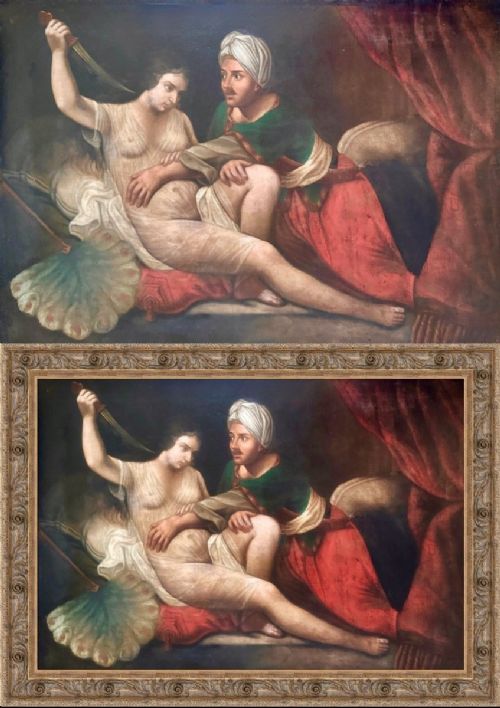 fig 5. An antique Italian Baroque oil painting depicting a dramatic narrative scene with two figures, framed in an ornate carved metallic frame.