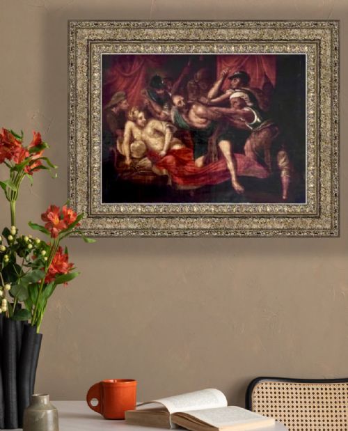 fig 1. A seventeenth-century Italian Baroque oil painting depicting the dramatic capture of Samson, framed in an ornate gilded moulding.
