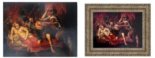 fig 2. A seventeenth-century Italian Baroque oil painting depicting the dramatic capture of Samson, framed in an ornate gilded moulding.