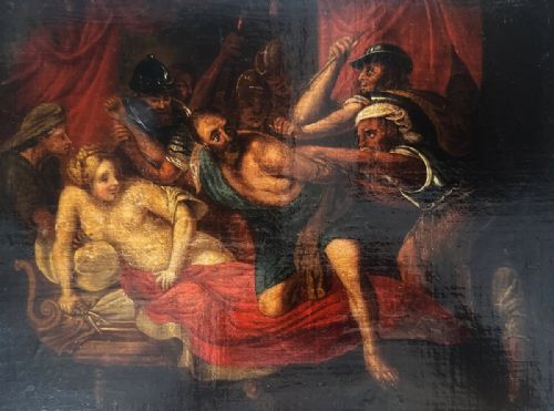 fig 3. A seventeenth-century Italian Baroque oil painting depicting the dramatic capture of Samson, framed in an ornate gilded moulding.