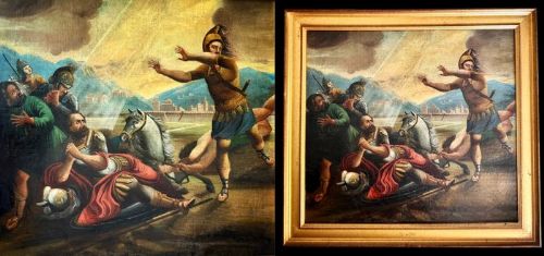 fig 1. An eighteenth-century Italian school oil painting depicting the biblical scene of the Conversion of Saint Paul set in a gilt wood frame.