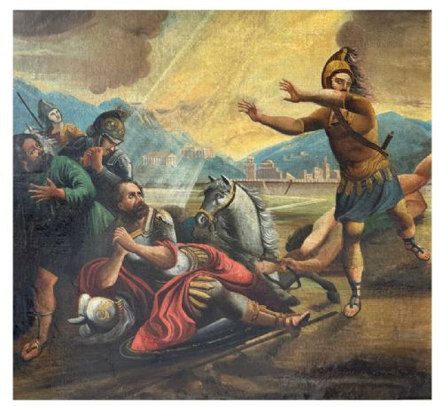 fig 4. An eighteenth-century Italian school oil painting depicting the biblical scene of the Conversion of Saint Paul set in a gilt wood frame.