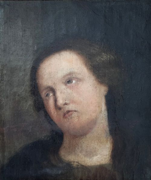fig 4. An oil painting depicting a head and shoulders portrait of a female figure looking upward, set within an ornate carved giltwood frame.