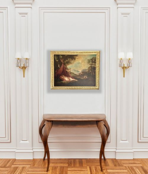 fig 1. An Italian Baroque style framed oil painting depicting a sleeping Venus alongside satyrs and cupids set within an idyllic classical landscape.