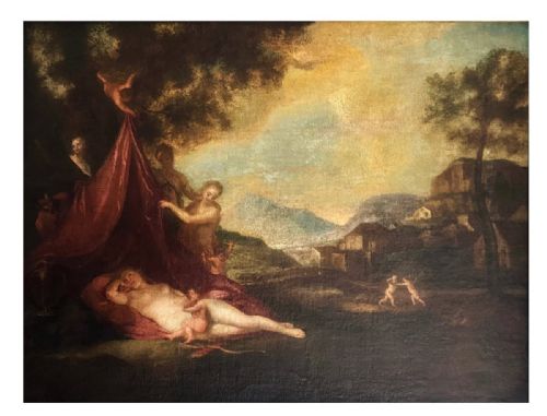 fig 4. An Italian Baroque style framed oil painting depicting a sleeping Venus alongside satyrs and cupids set within an idyllic classical landscape.