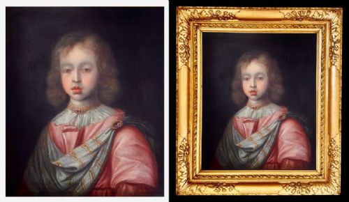 fig 4. A 17th-century oil painting depicting a young boy in a pink garment and draped blue sash, presented within a carved gilt wood frame.