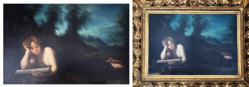 fig 3. An oil painting of Mary Magdalen reclining in a landscape while reading a book, set within a carved gilt frame.