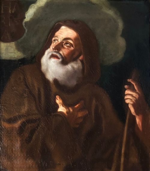fig 1. An oil painting depicting Saint Francis of Paola looking upwards while holding a staff, set within a dark moulded frame.