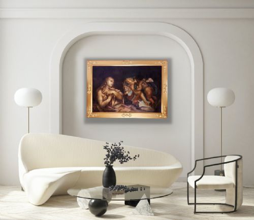 fig 1. An antique 17th-century oil painting depicting the Penitent Mary Magdalene alongside two winged cherubs, set in a carved gilded frame.
