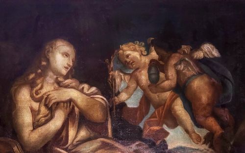 fig 3. An antique 17th-century oil painting depicting the Penitent Mary Magdalene alongside two winged cherubs, set in a carved gilded frame.