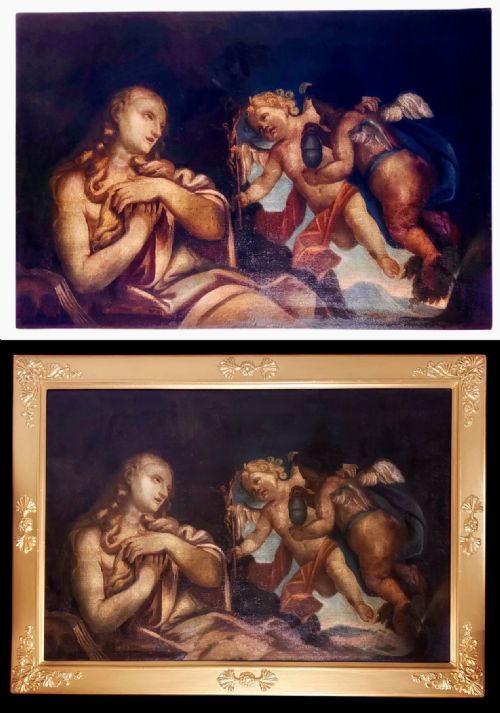 fig 4. An antique 17th-century oil painting depicting the Penitent Mary Magdalene alongside two winged cherubs, set in a carved gilded frame.