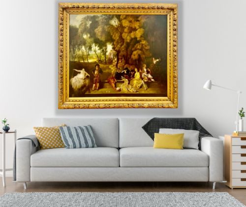 fig 2. A framed Rococo style oil painting depicting figures relaxing in a lush park landscape with classical statues inside a carved gold frame.