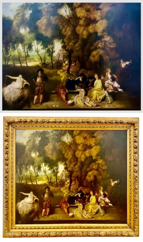 fig 3. A framed Rococo style oil painting depicting figures relaxing in a lush park landscape with classical statues inside a carved gold frame.