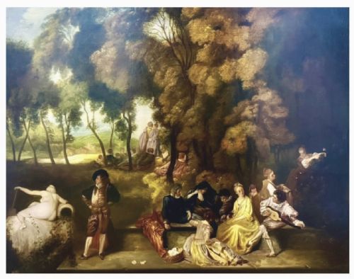 fig 4. A framed Rococo style oil painting depicting figures relaxing in a lush park landscape with classical statues inside a carved gold frame.