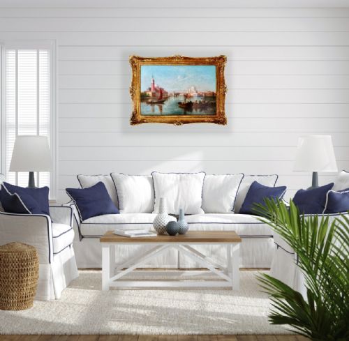 fig 1. An antique oil painting depicting sailing vessels on the Grand Canal in Venice within an ornate gilded frame.